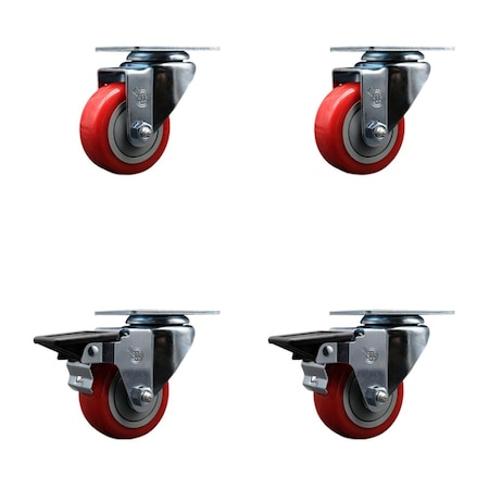 Service Caster 3'' Red Poly Wheel Swivel Top Plate Caster Set with 2 Posi Brakes, 4PK SCC-20S314-PPUB-RED-2-PLB-2